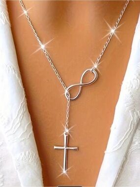 Infinity Cross Lariat Necklace - Silver